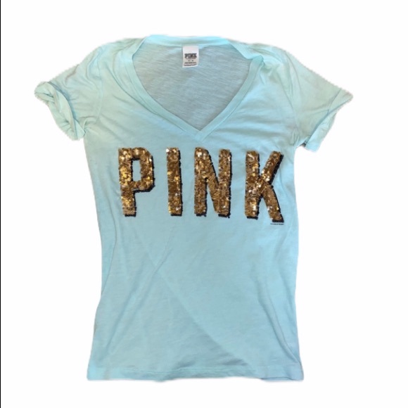 PINK Victoria's Secret Tops - PINK Victoria’s Secret Gold Sequin Logo Tee